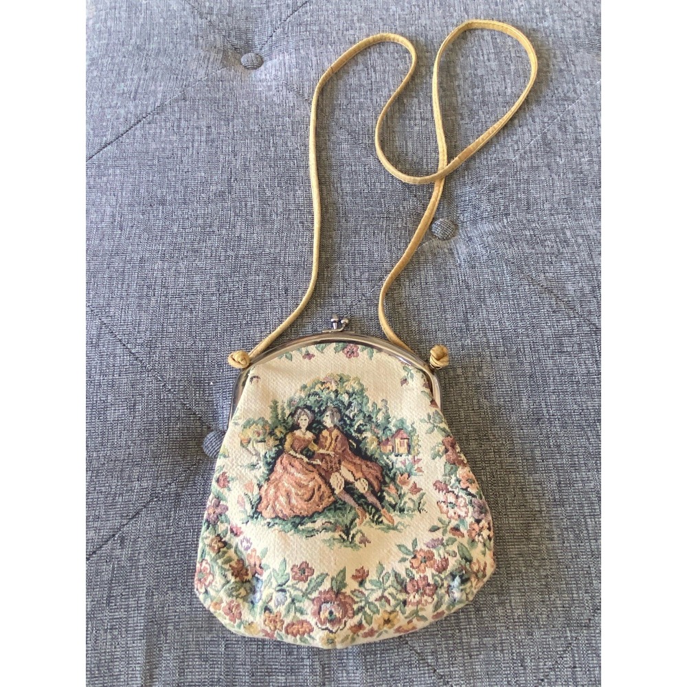 Vintage Tapestry  Floral Handbag 8"x8" Purse w/ Metal Clasp Cottagecore Strap